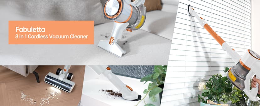 FABULETTA Cordless Vacuum Cleaner for Home, 40Kpa Stick Vacuum with MAX 55Min Detachable Batteries, 8 in 1 Lightweight Vacuum with Brushless Motor for Hardwood Floors&Carpet Pet Hair Car(White-Orange)