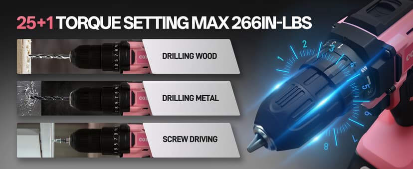 COMOWARE Cordless Drill Set, 20V Pink Power Drill Set for Women, 1 Battery & Charger, 3/8" Keyless Chuck, 2 Variable Speed, 266 In-lb Torque, 25+1 Position, with Pink Storage Bag