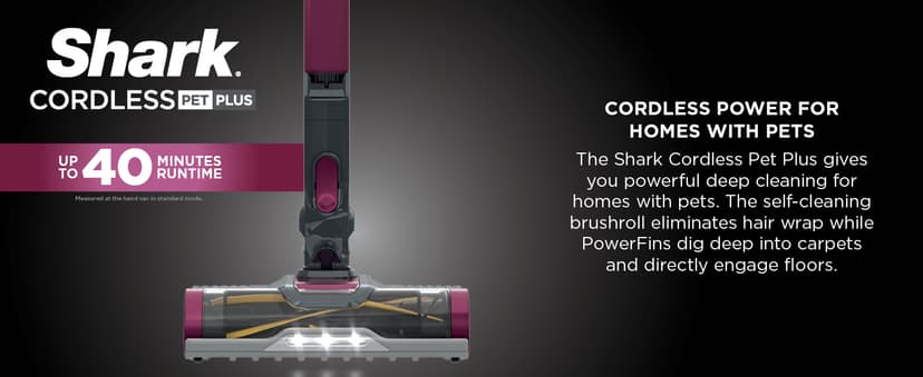 Shark IZ163H Pet Plus Cordless Stick Vacuum with Self-Cleaning Brushroll and HEPA Filter, Lightweight Deep Cleaning Vacuum for Carpet and Hard Floors, Folds for Easy Storage, 40-min Runtime, Raspberry