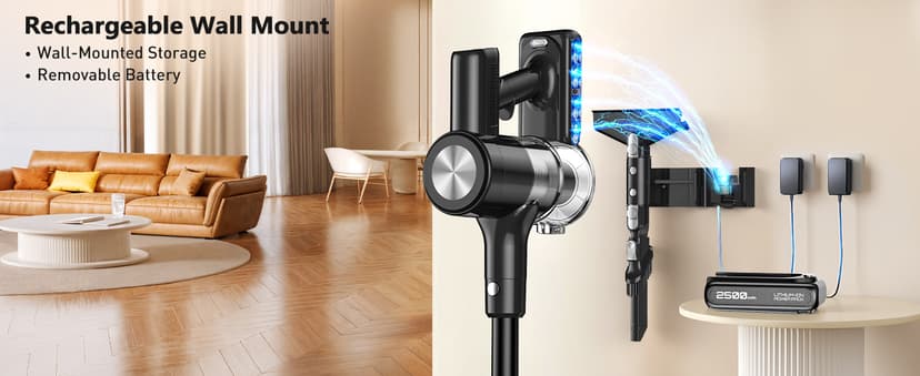 Cordless Vacuum Cleaner, 46KPa/500W Stick Vacuum with 55 Mins Runtime, Self-Standing Vacuum Cleaner for Home, LED Display, Anti-Tangle Brush, Rechargeable Vacuum for Pet Hair