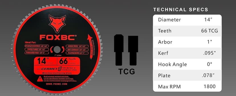 FOXBC 14 Inch Metal Steel Cutting Saw Blade 66 Tooth for Evolution 14 Inch Chop Saw and Other, Cermet Carbide Up to 5X Longer Life