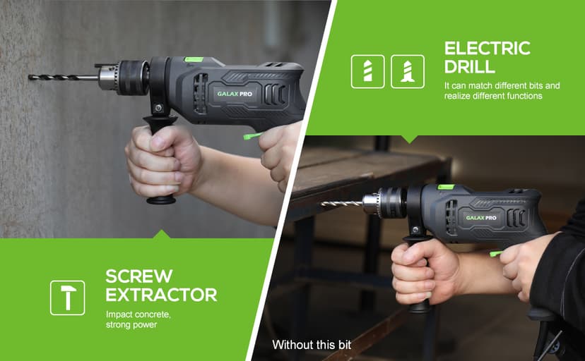 GALAX PRO 4.5Amp 0-3000RPM Corded Hammer Drill, 5pcs Bit, Hammer and Drill 2 Functions in 1 with 12 Variable Speed, 1/2 Inch Keyed Metal Chuck, 360°Rotating Handle