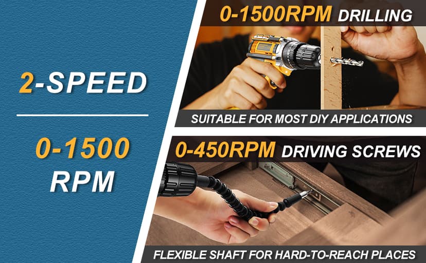 Power Drill, 21V Cordless Drill with 2 Batteries and Charger, 25+3 Position Power Drill Cordless, 398 In-lb Torque Electric Drill Set, Built in 3/8” Keyless Chuck Power Screwdriver with 56PCS Bits