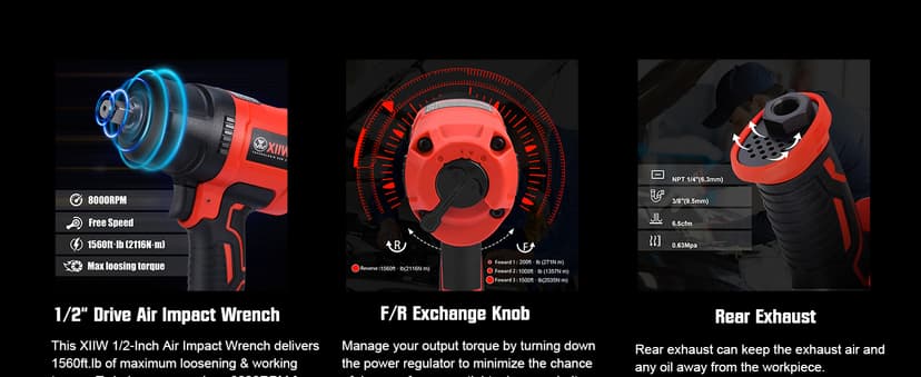 XIIW 1/2 Inch Air Impact Wrench, Max Torque 1560 ft-lbs, lightweight 4.4 lb Design, Heavy Duty 8000RPM 1/2 Air Impact Gun Driver, Twin Hammer Pneumatic Tool for Automobile Repair