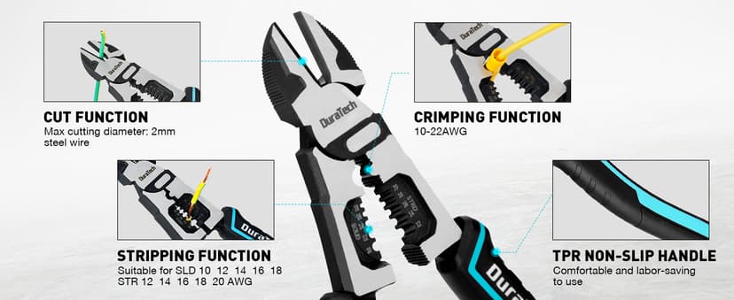 DURATECH 4-in-1 Diagonal Cutting Pliers, 8" Multifunction Heavy Duty Side-Cutting Pliers with Wire Stripper, Wire Cutters with Ergonomic Handle for Electricians and Homes