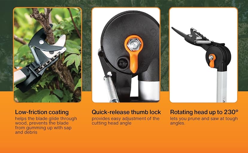 Fiskars 2-in-1 Extendable Tree Pruner and Pole Saw (Extends 7.9 - 12 feet) with Rotating Head, Pruning Stik Model with15-Inch Double-Grind Saw Blade, and Double Locking System
