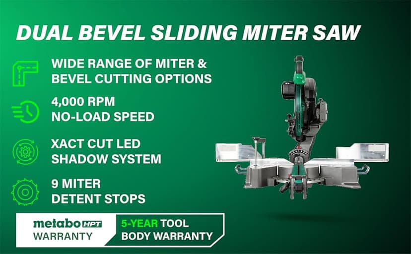 Metabo HPT 12-Inch Dual Bevel Sliding Miter Saw, 4000 RPM No-Load Speed, 45° Left and Right Bevel Range, Precision Miter Angles, 9 Detent Stops, Xact Cut Shadow Line, C12RSH3