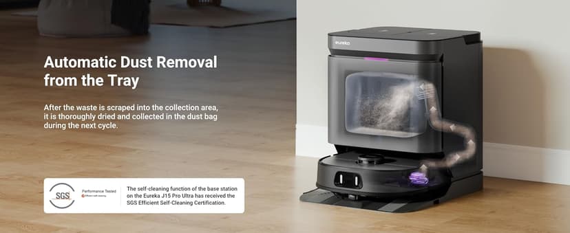 Eureka J15 Pro Ultra Robot Vacuum and Mop with Self Emptying Base, 16,200 Pa Suction, Flex-Arm Design Mop, Auto Mop Hot Water Washing & Hot Air Drying, Anti-Tangle, AI Obstacle Avoidance, Black