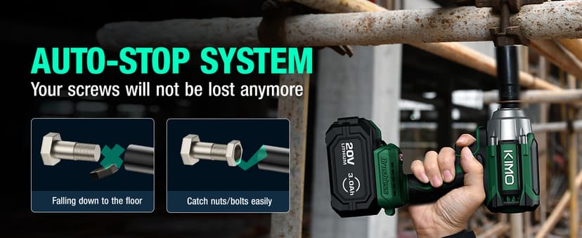 K I M O. Cordless Impact Wrench, Max Torque 406ft-lbs (550N.m) & 3000RPM, Premium Brake Stop, 1/2 lmpact Gun with 3000mAh Li-ion Battery, 7Drive lmpact Sockets, Fast Charger Impact Drill for Car Tires