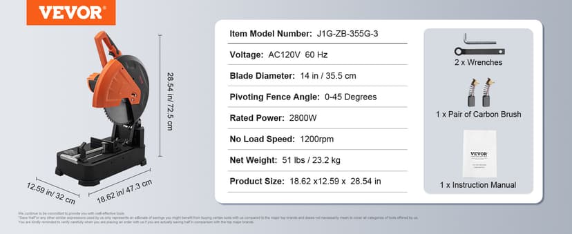 VEVOR Chop Saw, 14''/355mm Blade Diameter Cut Off Saw, 2800W 1200RPM Steel Cutting Machine, 0-45° Adjustable Dry Cut Chop Saw, Miter Saw for Cold Cut Saw for Steel/Iron/Aluminum, Black