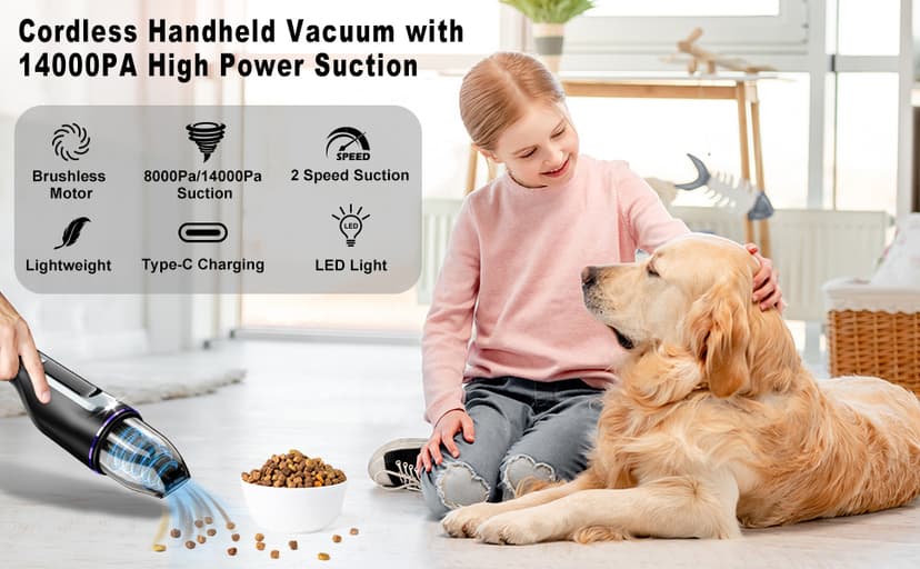 Handheld Vacuum Cordless - Car Vacuum with Brushless Motor & 14000Pa Powerful Suction, 1.2lbs Lightweight, LED Light, Slim Mini Vacuum Cleaner for Car Home Office Pet