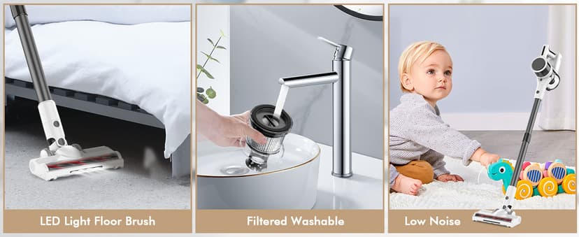 Cordless Vacuum Cleaner, 80,000 RPM Motor and Power Filtration, Stick Vacuum with 2200 mAh Battery, 35 Mins Worktime, 2 Modes, Rotated Multi-Heads, Height-Adjustable Vacuum for Home (Harbor White)