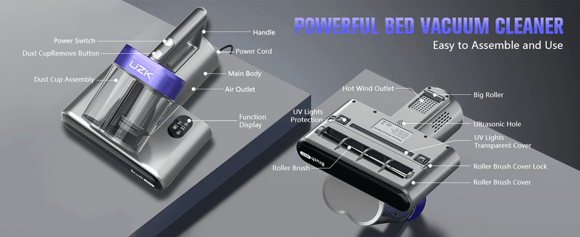 Mattress Vacuum Cleaner,Bed Vacuum Cleaner with UV-C Light,16Kpa,140°F Heat,Ultrasonic,Anion,Handheld Vacuums for Bed,Sofa,Couch,Crib(Corded, Purple)