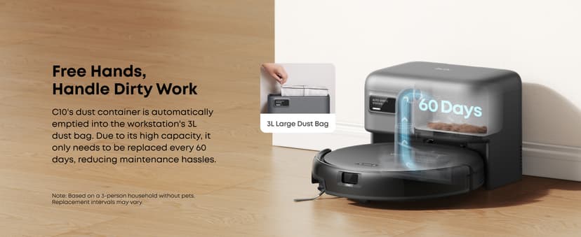 eufy Robot Vacuum C10 with Self Emptying Station, Up to 60 Days Hands Free Cleaning, Edge Expansion Brush, 4000Pa Powerful Suction, 2.85-Inch Ultra-Slim Body, Smart Mapping, Lidar Navigation
