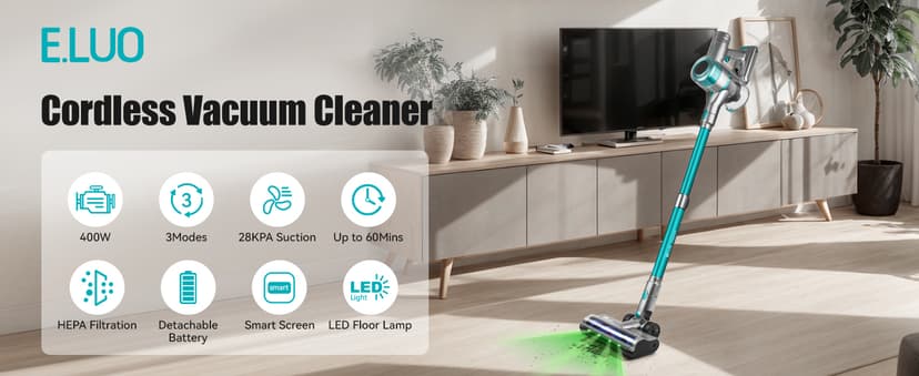 E.LUO Cordless Vacuum Cleaner, 28Kpa Vacuum Cleaners for Home, 60 Mins Runtime Stick Vacuum with Intelligent Display, Rechargeable Battery & Anti-Tangle Brush Handheld Vacuum for Floor Carpet Pet Hair