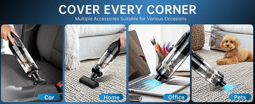 Handheld Vacuum Cordless, Car Vacuum with 16000Pa Powerful Suction, Lightweight at 1.3 lbs, Type-C Charge, Multiple Accessories, Rechargeable Vacuum Cleaners for Home Office Car Pet