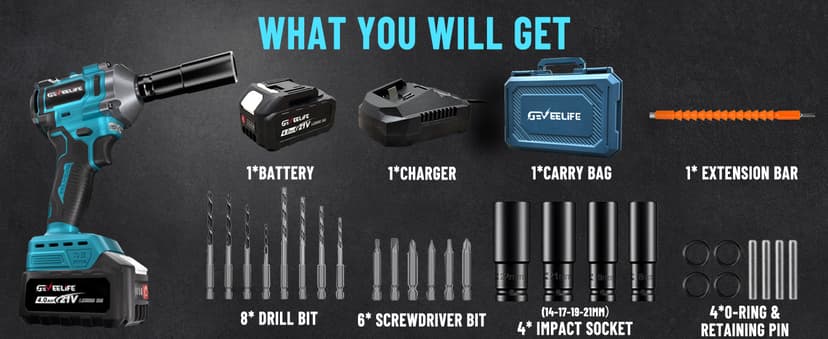 GEVEELIFE 450N.m/332Ft-lbs Brushless Impact Wrench,1/2" Cordless Impact Gun with 4.0Ah Battery & 6 Sockets, Electric Impact Driver for Car/DIY Furniture/Lawn Mower/blue (450N)