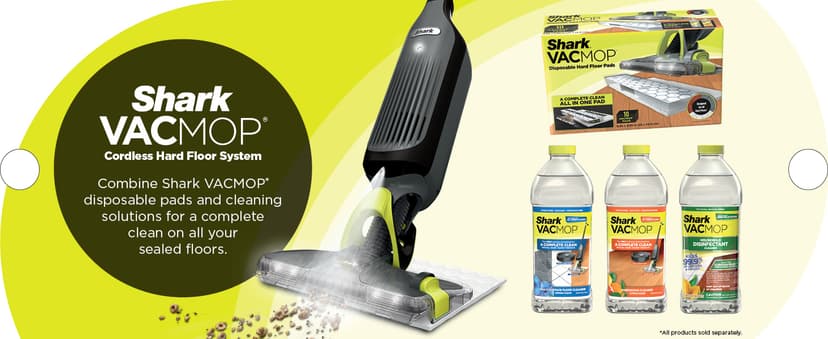 Shark VACMOP Pro Cordless Hard Floor Cleaner, Vacuum and Spray Mop, Powerful Suction, Lightweight, LED Headlights, Includes 4 Disposable Pads, 12oz Multi-surface Cleaning Solution, Gray, VM252