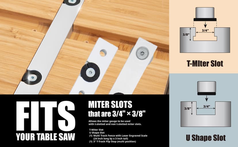 POWERTEC 71391 Table Saw Precision Miter Gauge System w/ 27 Angle Stops and 3/4”x 3/8”T-Slotted Miter Bar w/Removable T-Slot Plate; Includes 24”x 3” Multi T–Track Fence w/Scale, T-track Flip Stop
