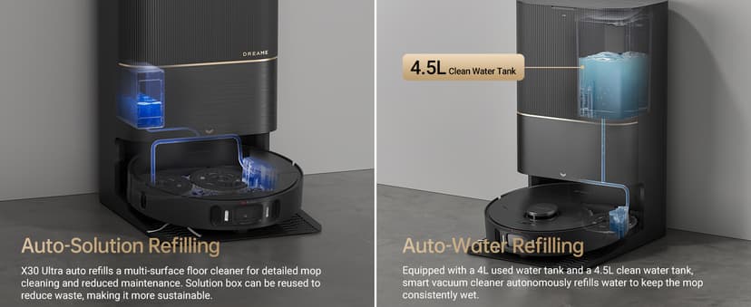 dreame X30 Ultra Robot Vacuum and Mop Combo, Extendable & Liftable Mop, 75Days Self-Emptying Robot Vacuum, 260Mins Runtime, 8,300 Pa Suction, 140°F Self-Cleaning & Auto-Drying Mops