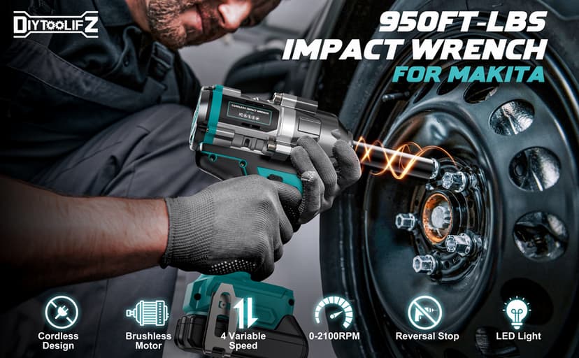 Cordless Impact Wrench 1/2 inch for Makita 18V Battery, 900Ft-lbs Brushless Electric Power Impact Driver Gun Tool, 2100RPM High Torque Impact Wrench with LED Work Light (Tool Only)