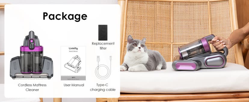 Cordless Mattress Vacuum Cleaner, Bed Vacuum Cleaner with 18Kpa Suction 253.7nm UV-C Light & 80000Rpm Rotation Ultrasonic Tech Double-Cup, Portable Handheld Vacuum for Bed/Fabric Sofa/Carpet Cleaning