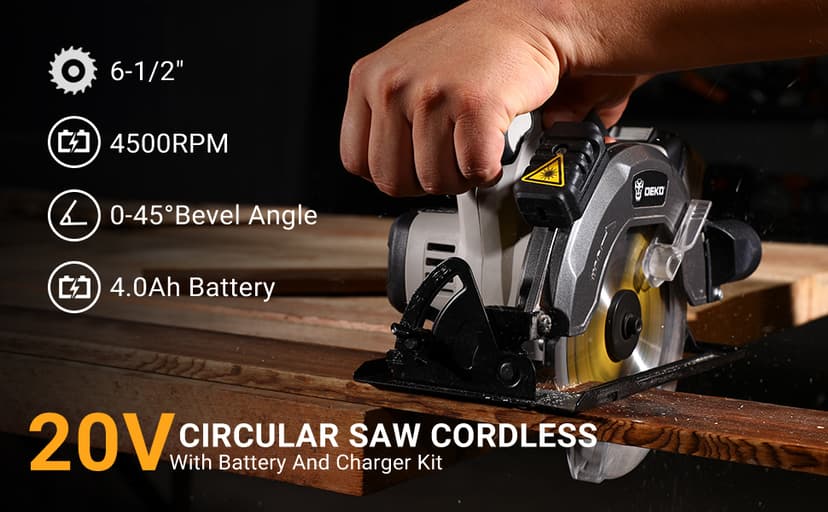 DEKOPRO 20V Cordless Circular Saw, 6-1/2-Inch Blade, 4500 RPM Circular Saw Cordless with 2 Battery and Charger( 4.0Ah )