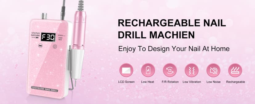 Professional Electric Nail Drill File:COSYGLOW Glitter Portable Cordless E-File Nail Drill Kit with 11 Drill Bits,30000 RPM Rechargeable Nail Drills Machine for Acrylic Nails Gel Polishing (Pink)