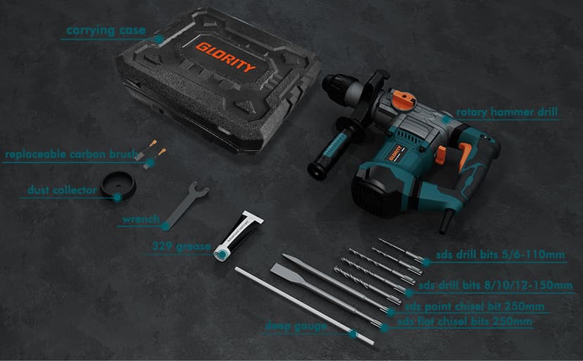 1-1/4 Inch SDS-Plus 13 Amp Heavy Duty Rotary Hammer Drill with Safety Clutch 4 Functions and Variable Speed, Including Chisels and Drill Bits