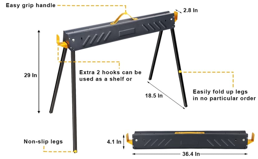 FORUP 2 Pack Heavy Duty Folding Portable Saw Horses Table, 1322 Lbs Load Capacity Metal Saw Horse with Fast Open Legs and Easy Grip Handle for Woodworking, Dark Grey & Yellow