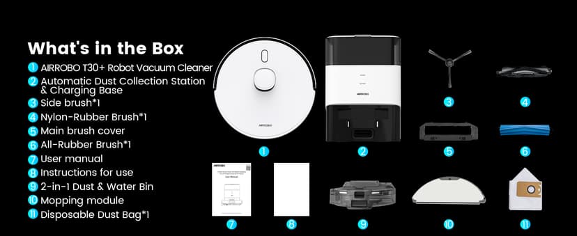 AIRROBO T30+ Robot Vacuum and Mop, 60-Day Self-Emptying, Proactive Intelligence Obstacle Avoidance, Carpet Detection, Tangle-Free Brush, 6000PA Suction, LDS Mapping, APP & Voice Control