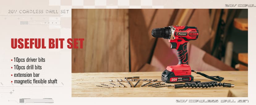 AVID POWER 20V MAX Power Drill Kit, Cordless Drill Set with Battery and Charger, 2 Variable Speed, 3/8-Inch Keyless Chuck, 19 Position and 22pcs Bits