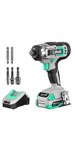 Litheli Cordless Impact Driver, 1150 In-Lbs Torque, 1/4″ Quick-Release Hex Chuck, with 20V 2.0 Ah Battery, 3 Socket Adapters, 2 Driver Bits