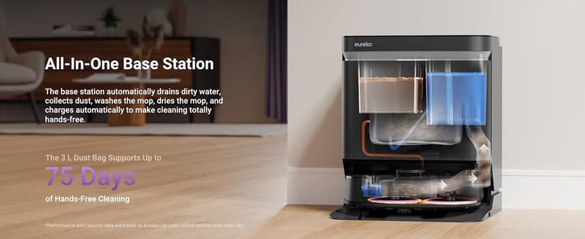 Eureka J15 Ultra Self Emptying Robot Vacuum, 19,000 Pa Suction, Flex-Arm Mop Design, 167℉Hot Water Mop Washing & 131°F Hot Air Drying, AI Obstacle Avoidance, Black