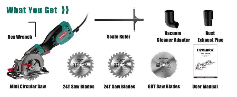 HYCHIKA 6.2A Mini Circular Saw with 3 Blades (4-1/2”), Compact Hand Saw Max 1-7/8" Cutting Depth, 3500RPM, Rubber Handle & 10ft Cord for Wood, Metal, Plastic, Tile