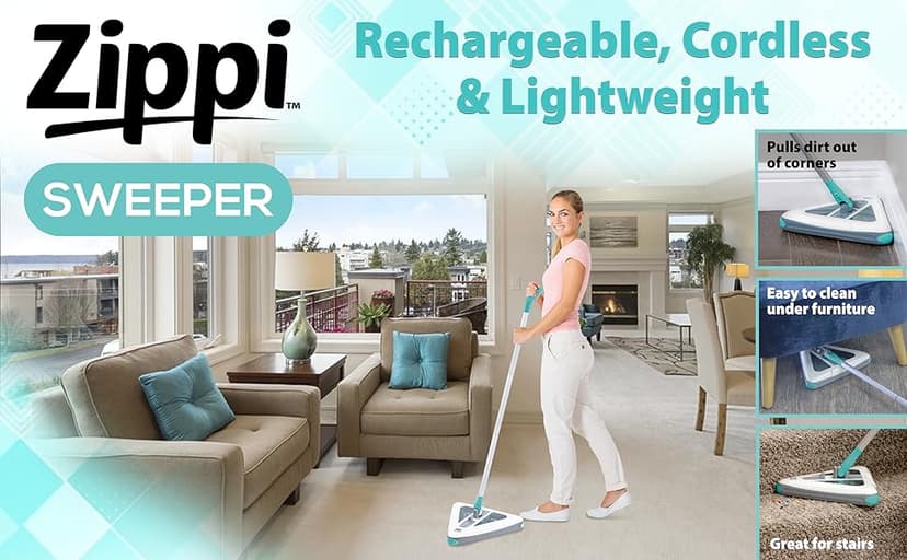 Zippi Sweeper Pro - 2025 New and Improved Lightweight Sweeper, Perfect for Short Carpet Hardwood and Tile, Triangular Design Allows for Sweeping in Corners, LED Light, 1 Hr Cleaning Time