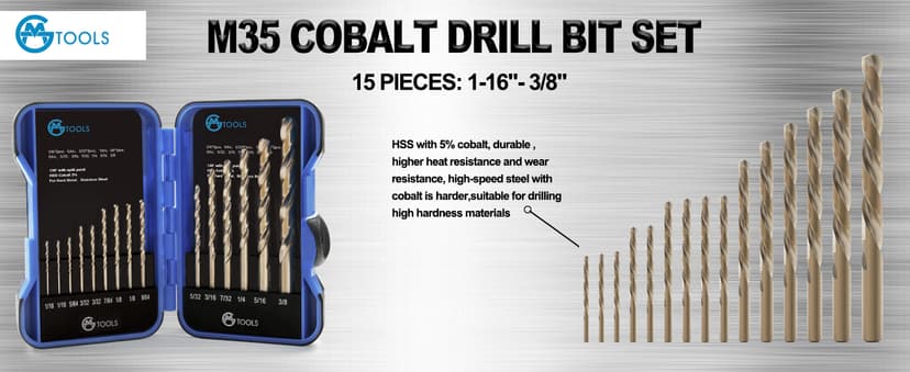 115Pcs Cobalt Drill Bits Set, M35 High Speed Steel, 135 Degree Tip, Twist Jobber Length Drill Bit Kit for Hardened Metal, Plastic and Wood with Metal Indexed Storage Case, 1/16"-1/2"