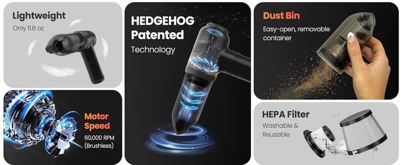 Hedgehog TurboVAC 3 in 1 Portable Car Vacuum Cleaner, Blower & Air Pump - Hand Held Vacuum Cleaner for Car with USB C Rechargeable, 14000PA Powerful Suction, Lightweight Dust Buster for Home & Outdoor