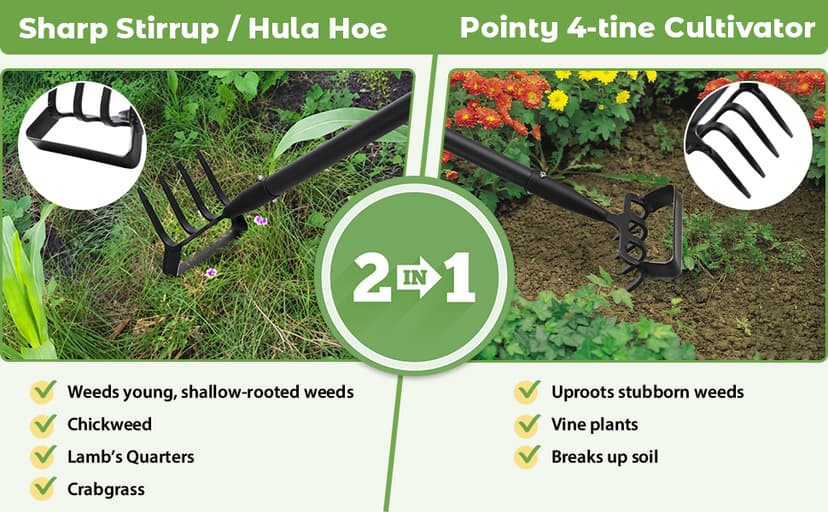 Garden Hoe,2 in 1 Heavy Duty Stirrup Hoe and Cultivator Gardening Tool Set with 62 inch Long Handle,Lightweight Hula Hoes Weeding Rake for Fast Weeds Grass Removal,Cultivating, Loosen Soil, Sharp Edge