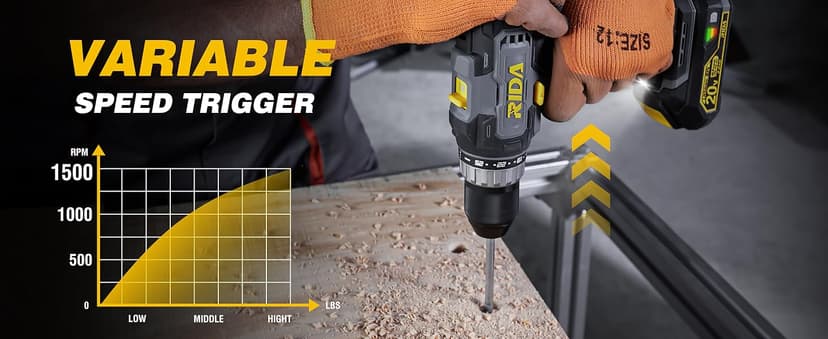 RIDA Cordless Drill Power Drill Cordless 20V 1/2'' Keyless Metal Chuck 355 In-lb(40N.m) Torque with 2.0AH Li-ion Battery & Fast Charger, Variable Speed, 25+1 Position and 22pcs Bits