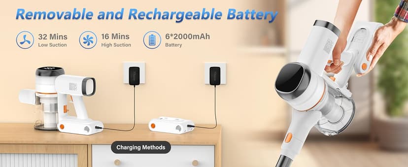 Tikom V500 Cordless Vacuum Cleaner for Home, 40000Pa/450W Stick Vacuum with LED Touch Screen, Charging Wall Dock, Anti-Tangle, Lightweight Handheld Vacuum for Pet Hair, Hard Floor, Carpet