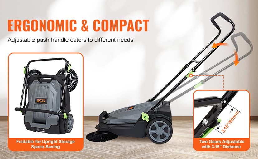 VEVOR Walk-Behind Hand Push Floor Sweeper, 25.6" Sweeping Width Floor Sweeper Manual Non-Electric, 5-Gallon Waste Container, Angle & Height Adjustable Folding Handle for Walkway, Yard, Garage, Patio