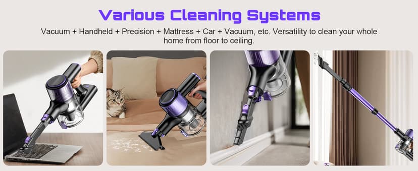 Cordless Vacuum Cleaner, 10 in 1 Stick Vacuum with Powerful Suction, Hose, Green LED Light, Anti-Tangle Brush, Lightweight Rechargeable Vacuum Cleaner for Home, Hardwood Floors, Carpets