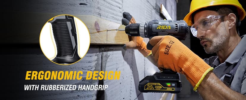 RIDA Cordless Drill Power Drill Cordless 20V 1/2'' Keyless Metal Chuck 355 In-lb(40N.m) Torque with 2.0AH Li-ion Battery & Fast Charger, Variable Speed, 25+1 Position and 22pcs Bits