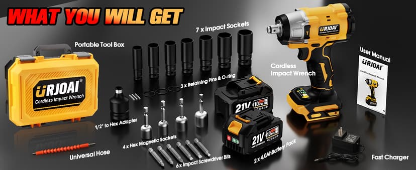 Cordless Impact Wrench - 590Ft-lbs (800N.m) Brushless 1/2 inch, 3300RPM High Torque Impact Gun, 2x 4.0Ah Battery, Charger & 7 Sockets, Electric Impact Wrench for Car Home