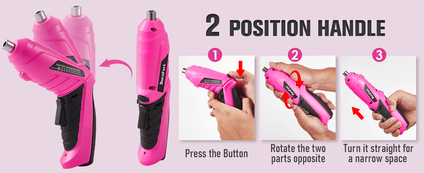 Pink Cordless Electric Screwdriver Set, 3.7V Rechargeable Small Electric Drill with 25pcs Driver Bit Set, Power 3Nm Screw Gun with 2 Position Handle, Flexible Shaft LED Light for Women