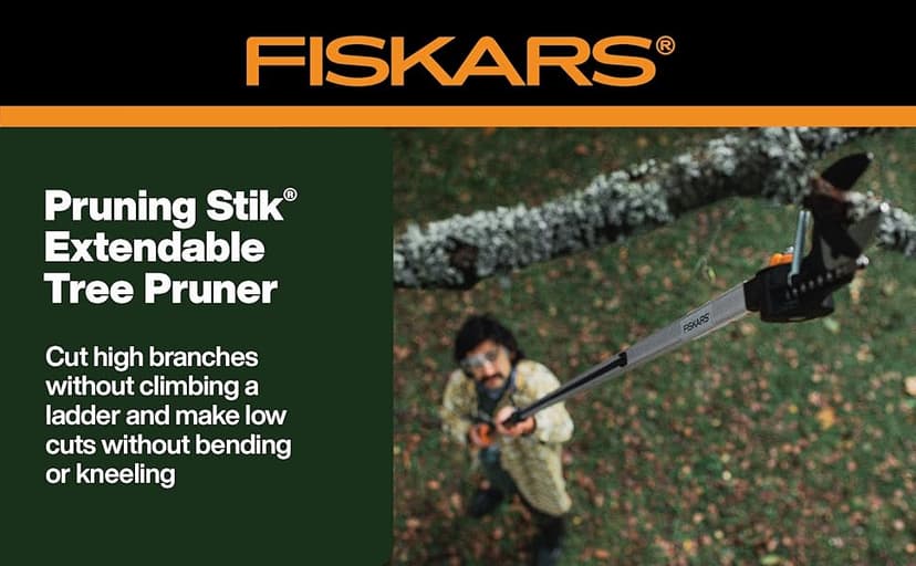 Fiskars 2-in-1 Extendable Tree Pruner and Pole Saw (Extends 7.9 - 12 feet) with Rotating Head, Pruning Stik Model with15-Inch Double-Grind Saw Blade, and Double Locking System