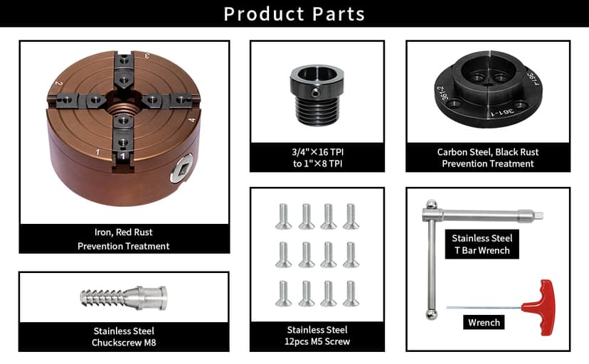 4 Inch Wood Lathe Chuck Set 1"X8TPI Thread & 3/4"X16TPI Adapter, Self-Centering 4 Jaw Wood Turning Chuck