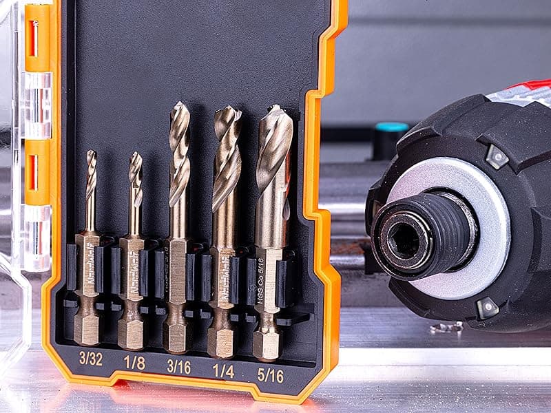 NordWolf 5-Piece M35 Cobalt Stubby Drill Bit Set for Stainless Steel & Hard Metals, with 1/4" Hex Shank for Quick Chucks & Impact Drivers, SAE Sizes 3/32"-1/8"-3/16"-1/4"-5/16" in Storage Case
