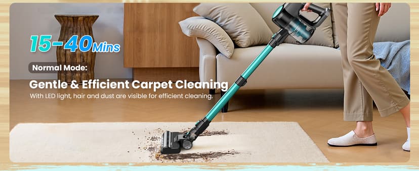 N3T Cordless Vacuum Cleaner,Wireless Stick Vacuum with 40mins Runine,Self-Standing,Anti-Tangle Brush,Rechargeable Lightweight Vacuum Cleaner for Home,Hardwood Floor,Pet Hair, Carpet-Green